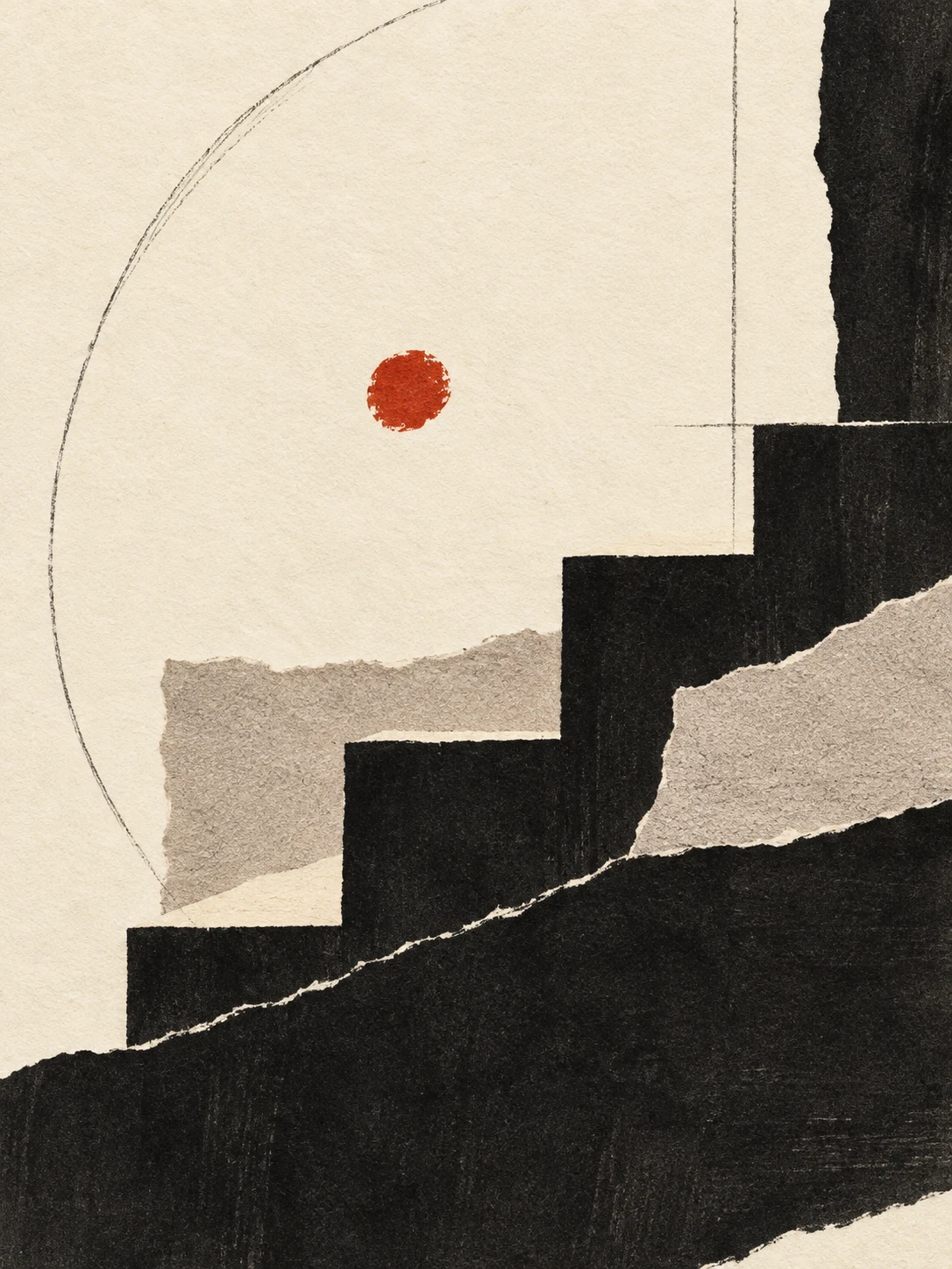 A stepped form like a quiet staircase in cream, black; portrait artwork.