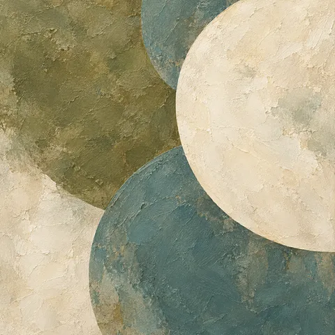 Interlocking half-moons in cream, olive, gray, taupe; square artwork.