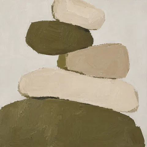 Stacked rounded stones of uneven size in cream, olive, stone, sand; square artwork.