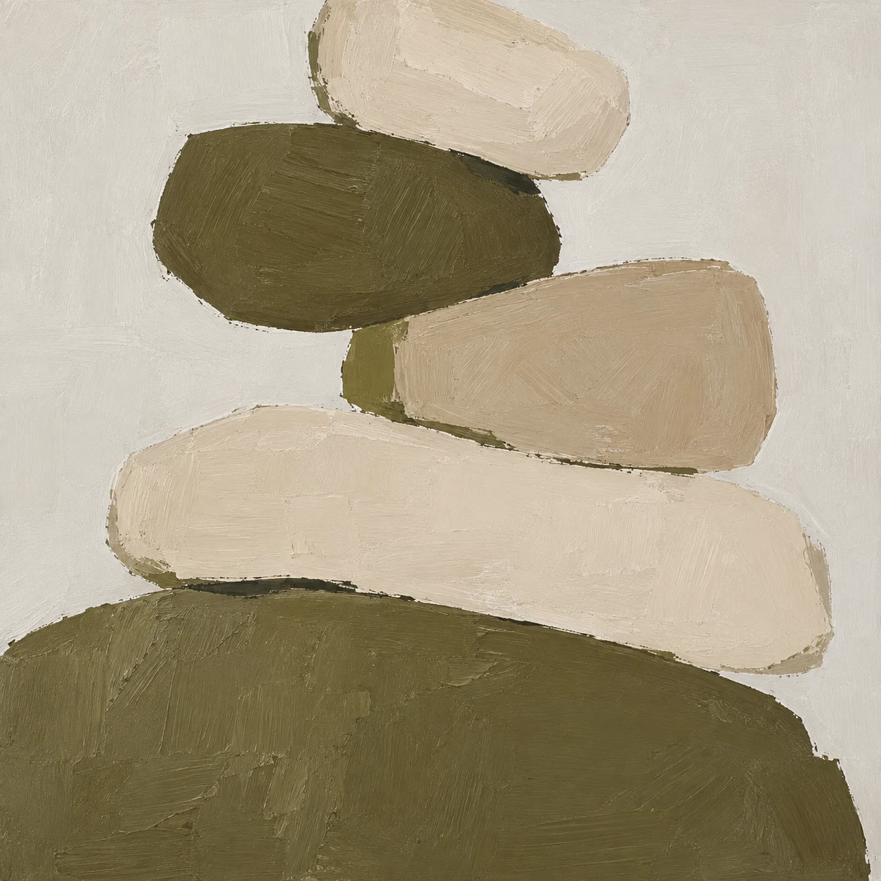 Stacked rounded stones of uneven size in cream, olive, stone, sand; square artwork.