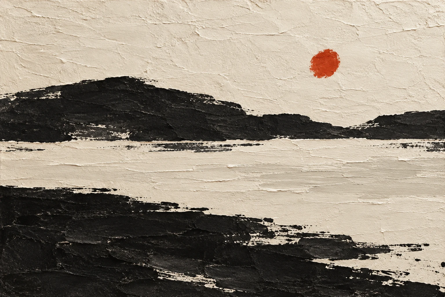 A torn-paper horizon in three bands in cream, black, stone, charcoal; landscape artwork.