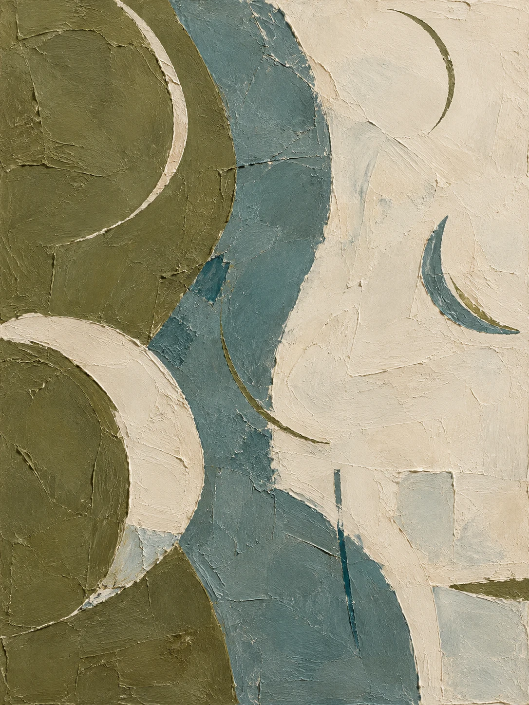 Scattered crescents of different weights in olive, cream, stone, sage; portrait artwork.