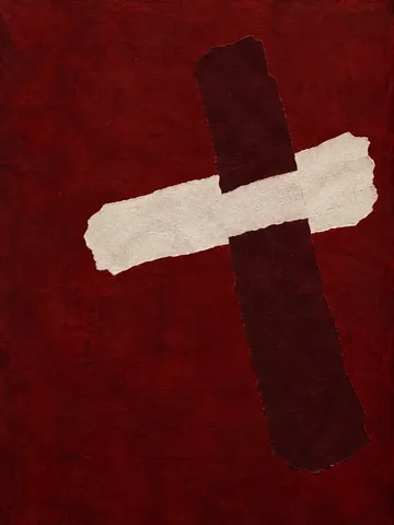 A tilted cross of two brush marks in burgundy, black, taupe; portrait artwork.