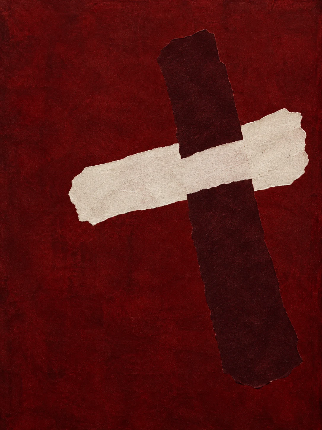 A tilted cross of two brush marks in burgundy, black, taupe; portrait artwork.