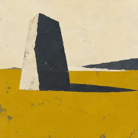 A monolith form standing left of center in cream, ochre, brown; square artwork.