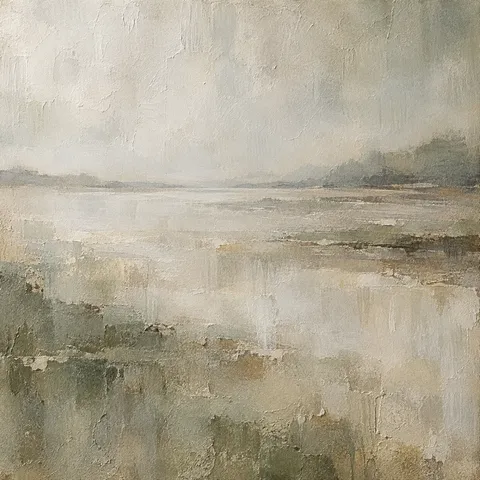 A drifting veil of thin washes in stone, taupe, sand, cream; square artwork.
