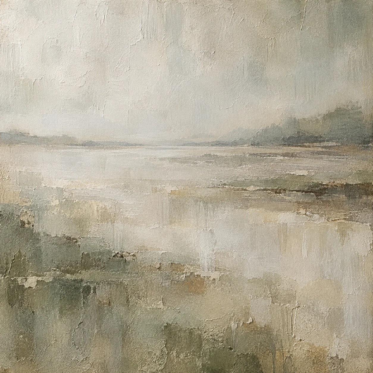 A drifting veil of thin washes in stone, taupe, sand, cream; square artwork.