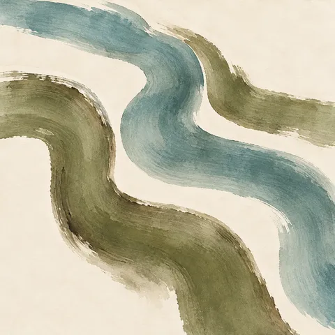 Thick flowing organic bands like a river seen from above in cream, white, taupe, sand; square artwork.