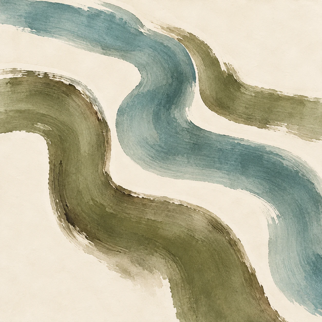 Thick flowing organic bands like a river seen from above in cream, white, taupe, sand; square artwork.