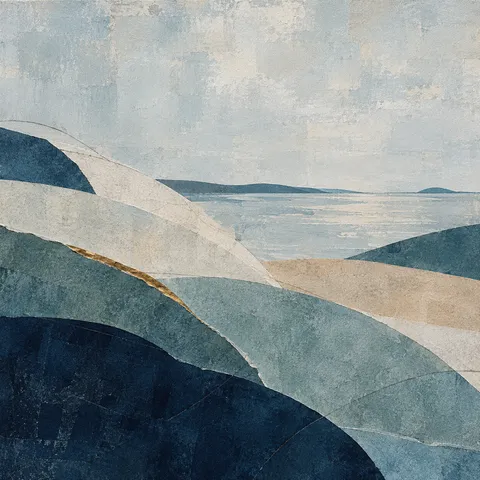 Layered hills reduced to flat curves in stone, black, taupe, cream; square artwork.