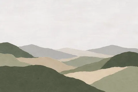 Layered hills reduced to flat curves in white, green, stone, sand; landscape artwork.