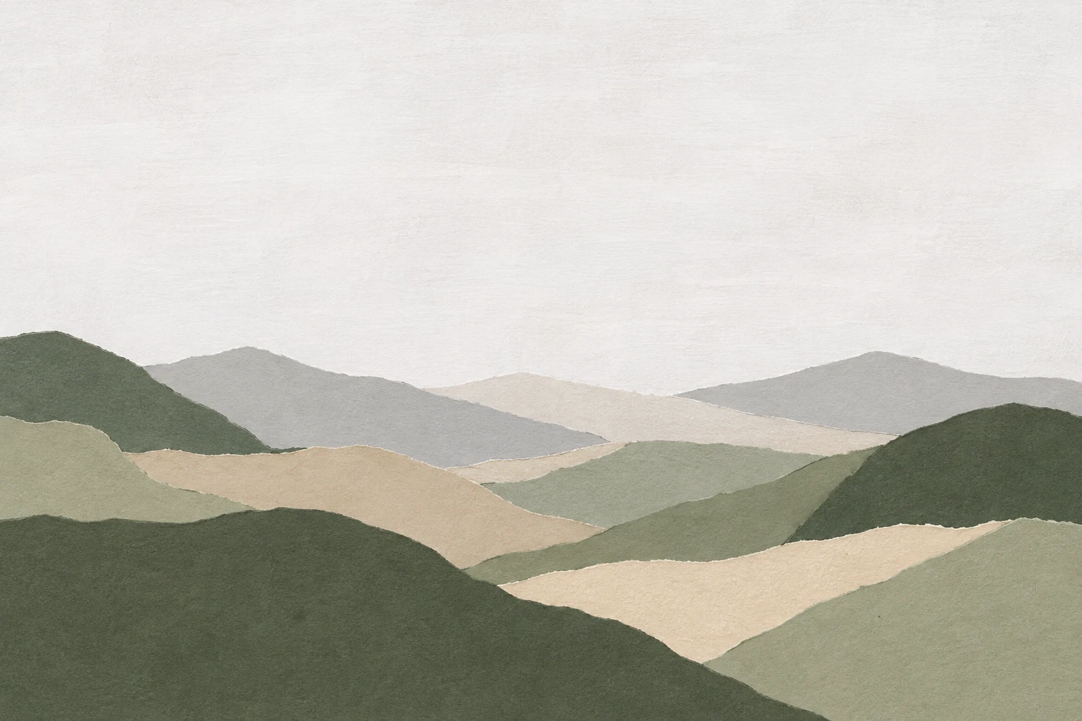 Layered hills reduced to flat curves in white, green, stone, sand; landscape artwork.