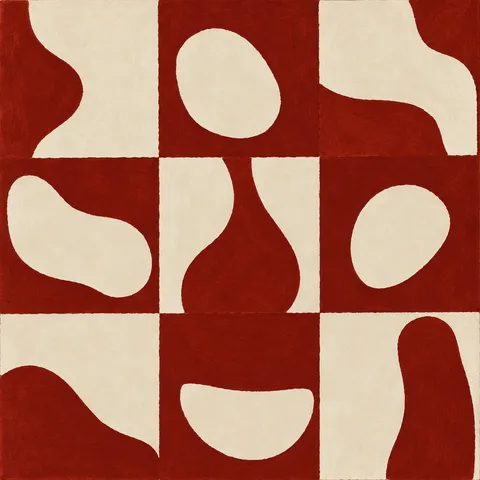 A quiet grid of nine soft squares in cream, burgundy, rust, stone; square artwork.