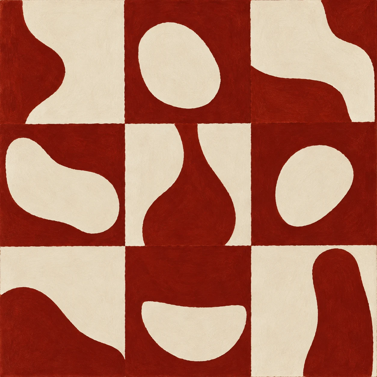 A quiet grid of nine soft squares in cream, burgundy, rust, stone; square artwork.