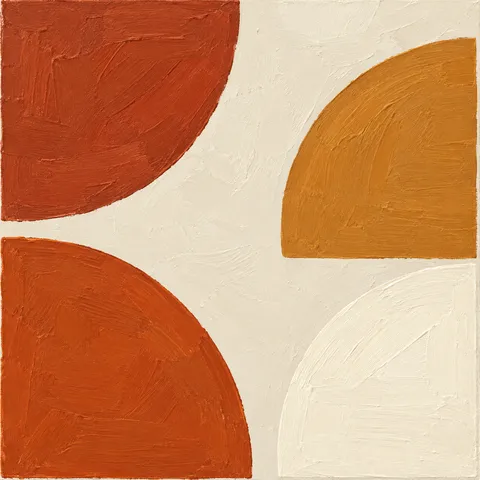 Four quarter-circles turned different ways in cream, red, terracotta; square artwork.