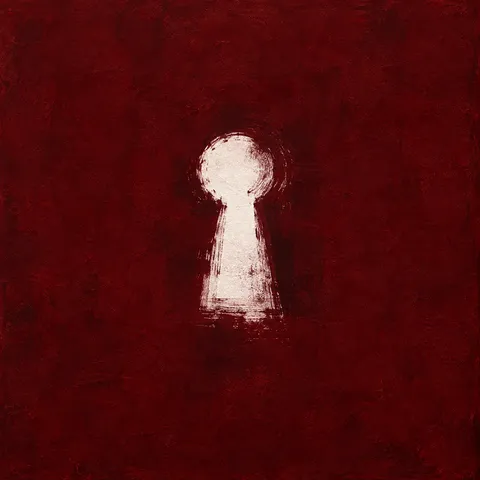 A keyhole shape in a broad field in burgundy, black, rust; square artwork.