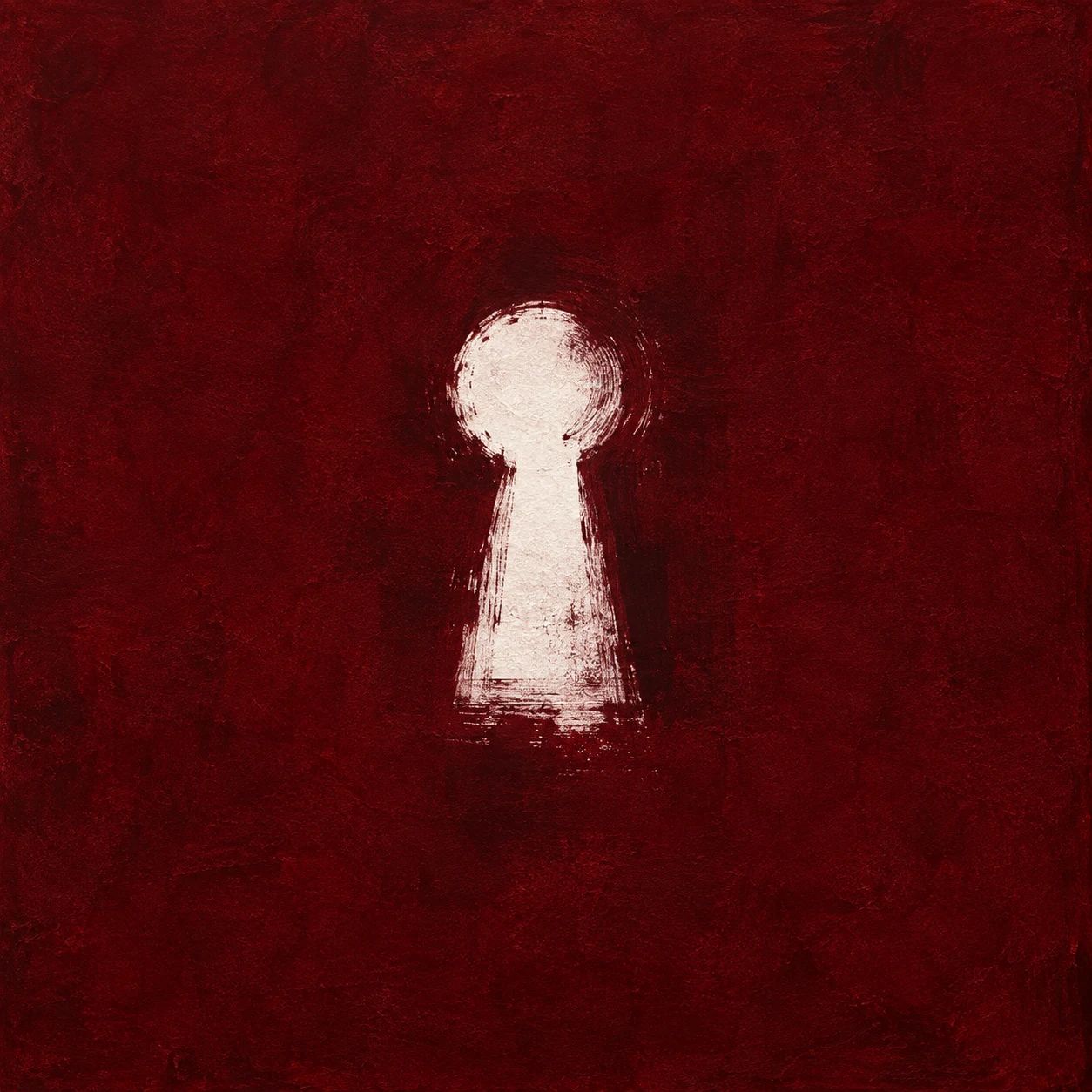 A keyhole shape in a broad field in burgundy, black, rust; square artwork.