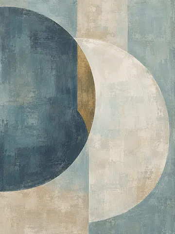 Two overlapping arcs that almost close into a circle in stone, gray, olive, cream; portrait artwork.