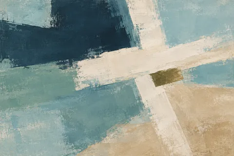 A tilted cross of two brush marks in gray, stone, sky blue, navy; landscape artwork.