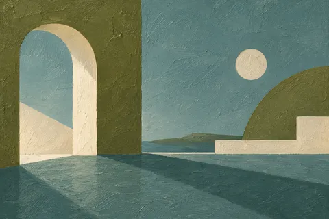 An arch and its shadow in olive, blue, gray, teal; landscape artwork.