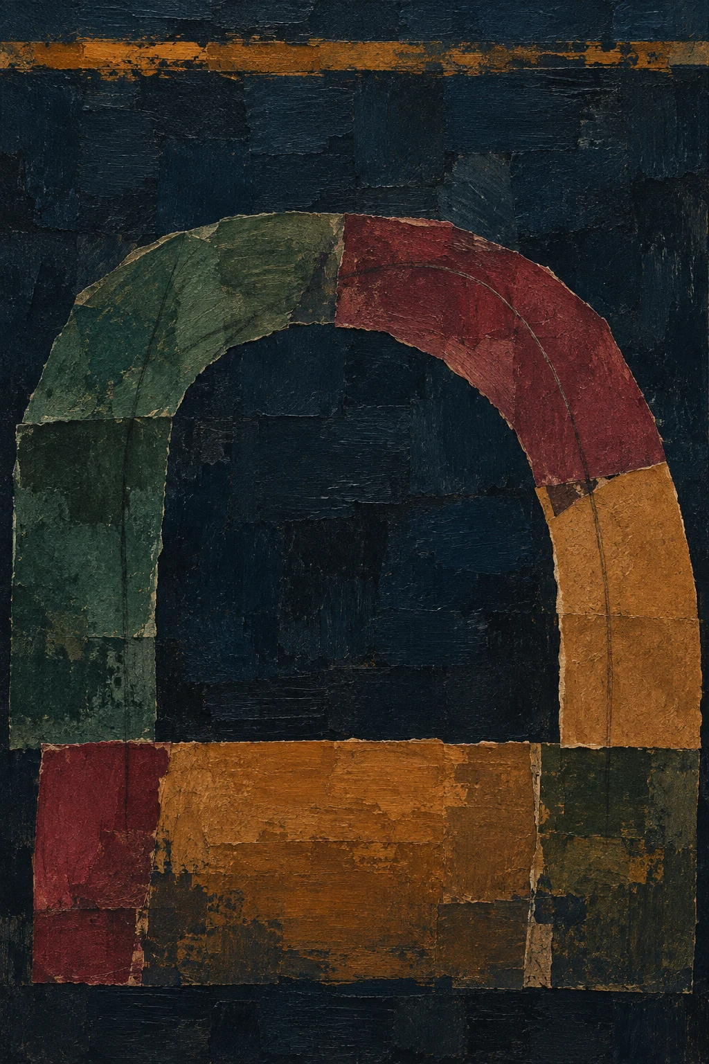 A wide arch over a low block in black, burgundy, charcoal, rust; portrait artwork.