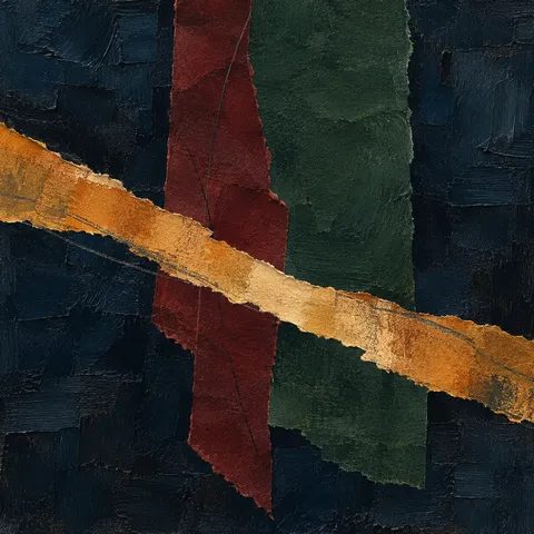 A single wide brushstroke crossing the field diagonally in black, ochre; square artwork.