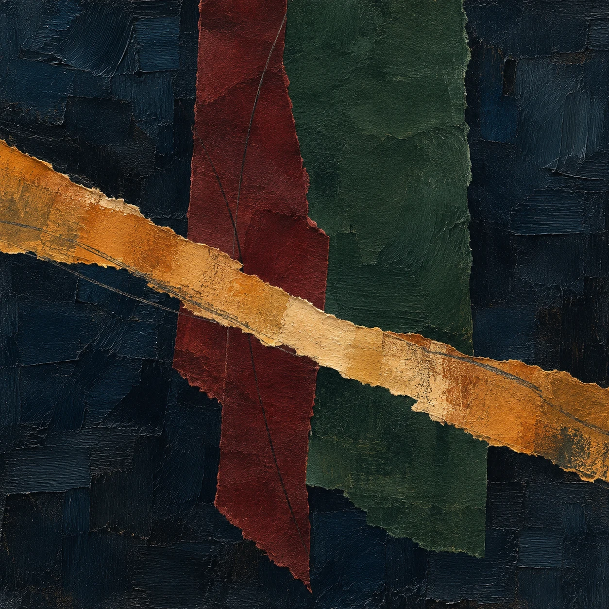A single wide brushstroke crossing the field diagonally in black, ochre; square artwork.