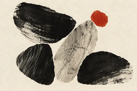 A cluster of five soft pebble shapes in cream, black, sand, olive; landscape artwork.