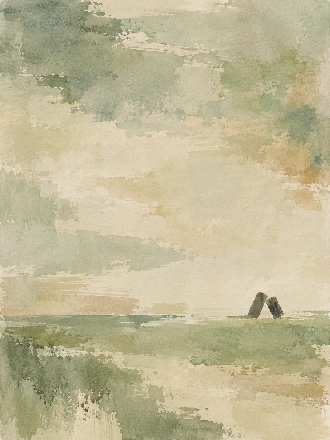 Two leaning rectangles touching at a corner in stone, cream, sand, sage; portrait artwork.