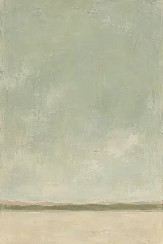 A torn-paper horizon in three bands in stone, cream; portrait artwork.
