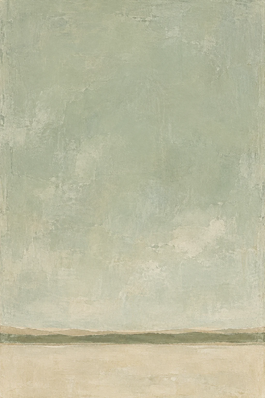 A torn-paper horizon in three bands in stone, cream; portrait artwork.