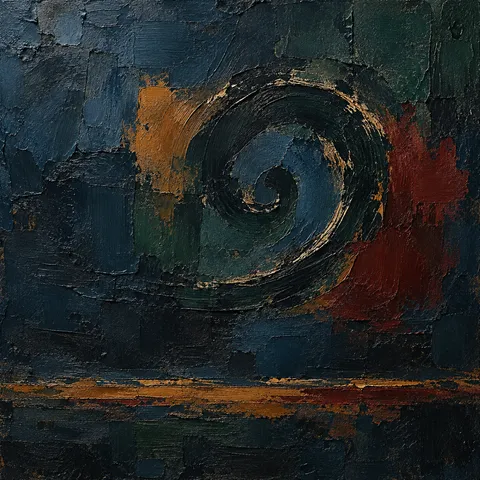A spiral drawn in one dry stroke in black, charcoal; square artwork.