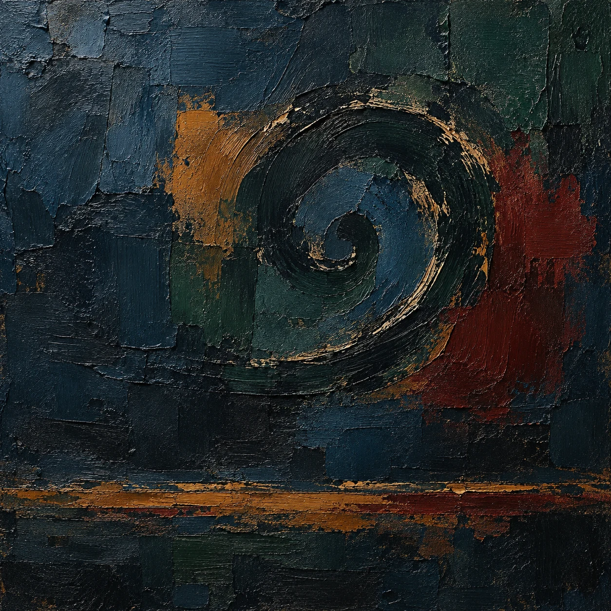 A spiral drawn in one dry stroke in black, charcoal; square artwork.
