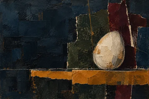 An egg shape resting on a line in black, charcoal, taupe; landscape artwork.
