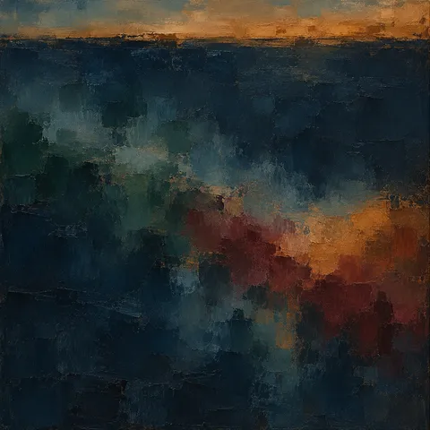 A drifting veil of thin washes in black, charcoal, olive; square artwork.