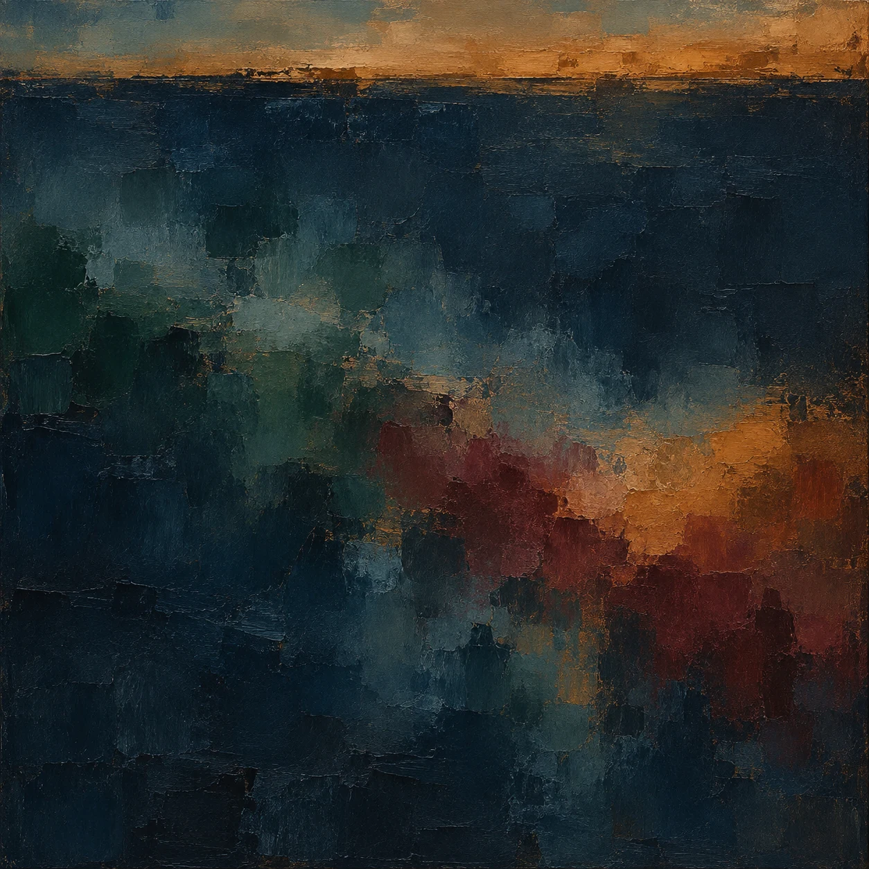 A drifting veil of thin washes in black, charcoal, olive; square artwork.