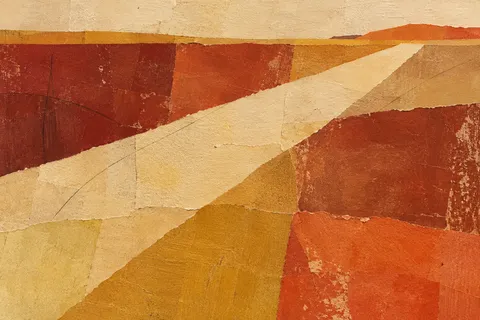 A diagonal plane of light crossing a textured field in sand, terracotta, ochre, stone; landscape artwork.