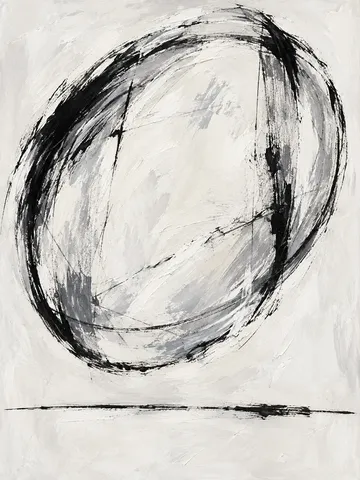 One large oval floating above a thin line in cream, white, stone, charcoal; portrait artwork.