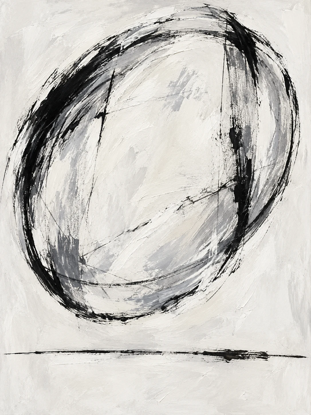 One large oval floating above a thin line in cream, white, stone, charcoal; portrait artwork.