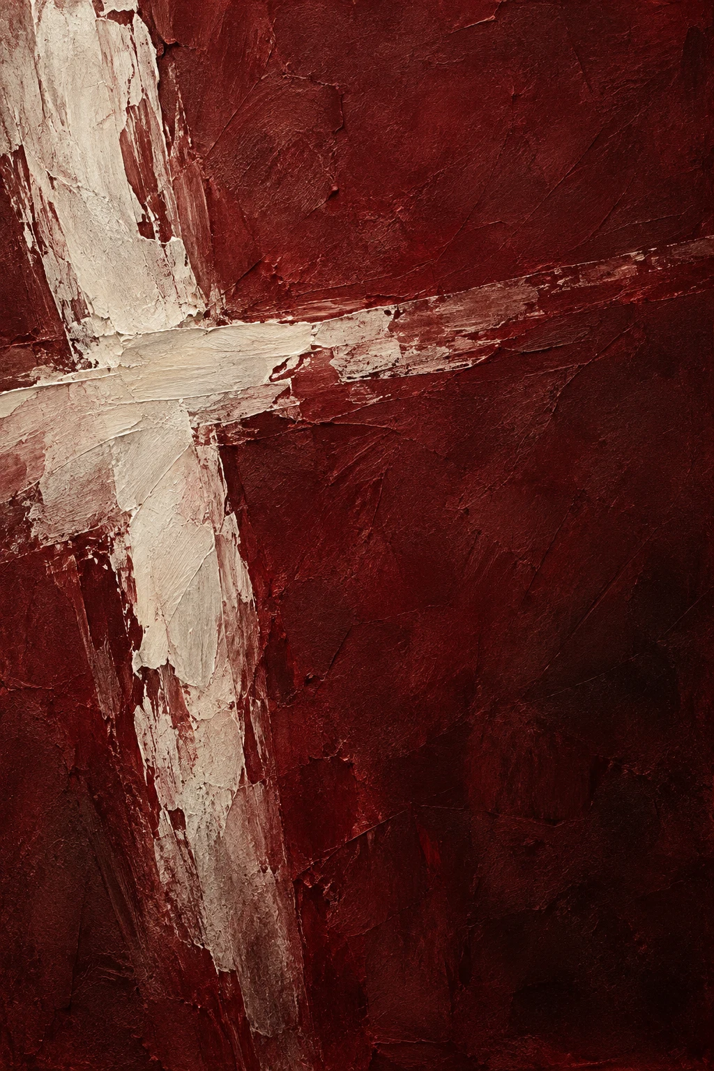 A tilted cross of two brush marks in black, burgundy, sand, rust; portrait artwork.