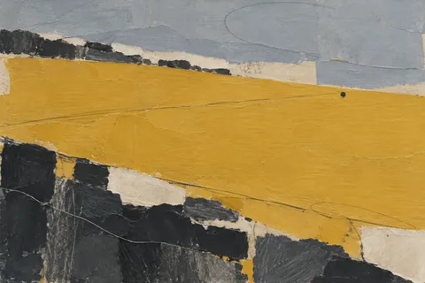 A single dot far off-center in an open field in ochre, charcoal, sand, sage; landscape artwork.