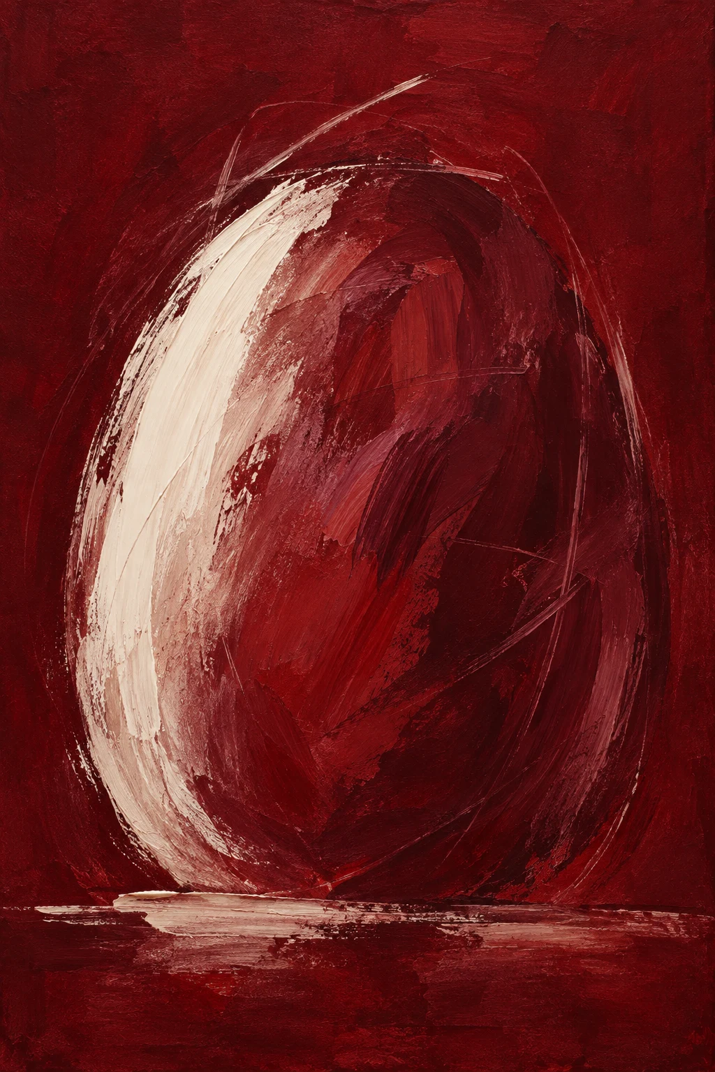 An egg shape resting on a line in burgundy, rust, blush, black; portrait artwork.