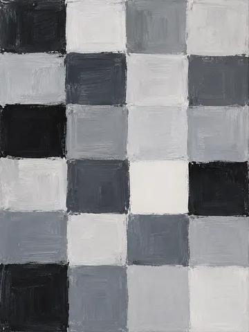 A loose grid of soft squares with one missing in gray, stone, black, cream; portrait artwork.