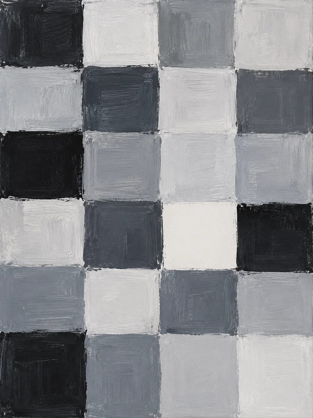 A loose grid of soft squares with one missing in gray, stone, black, cream; portrait artwork.