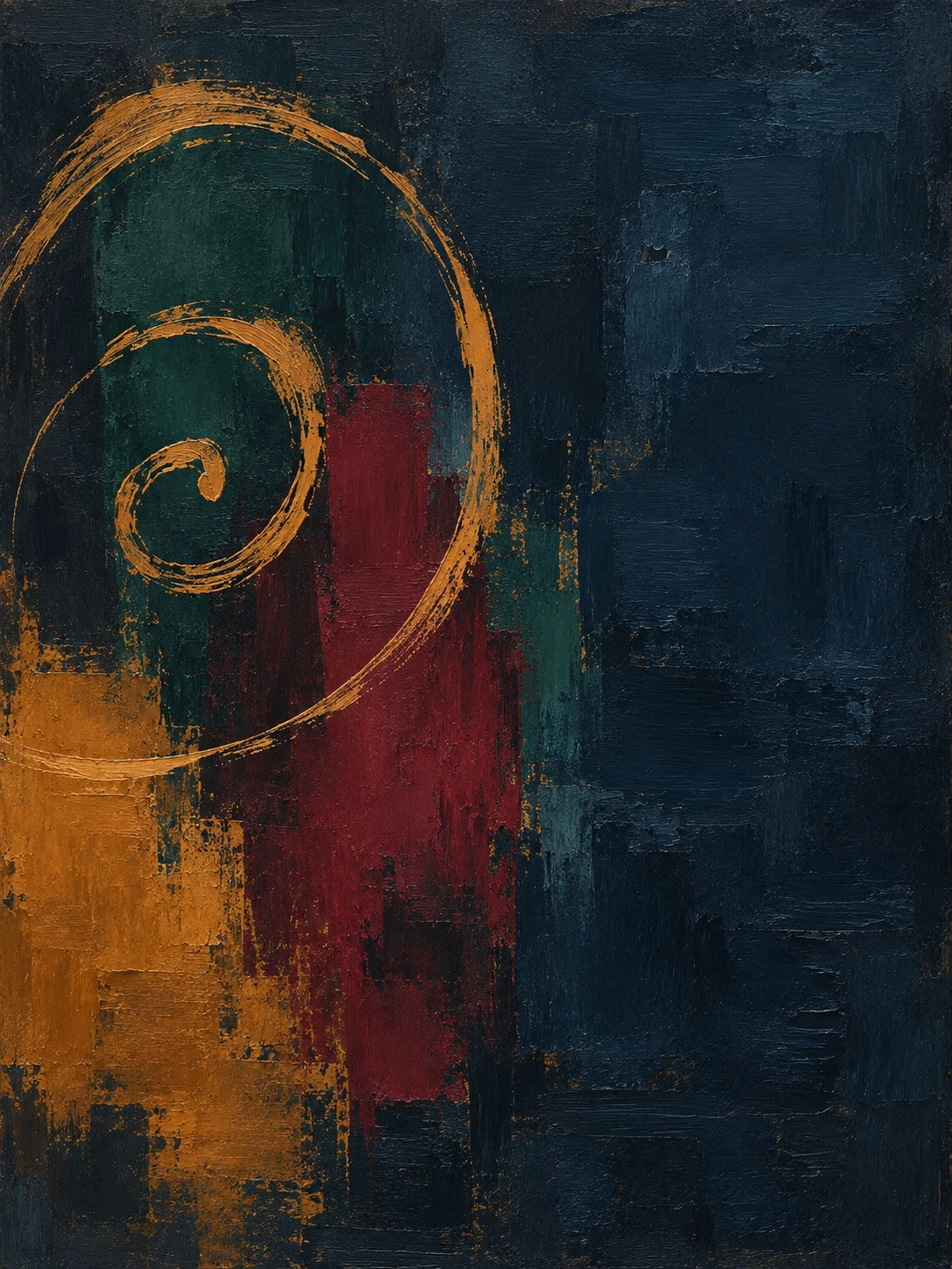 A spiral drawn in one dry stroke in black, navy, rust, burgundy; portrait artwork.