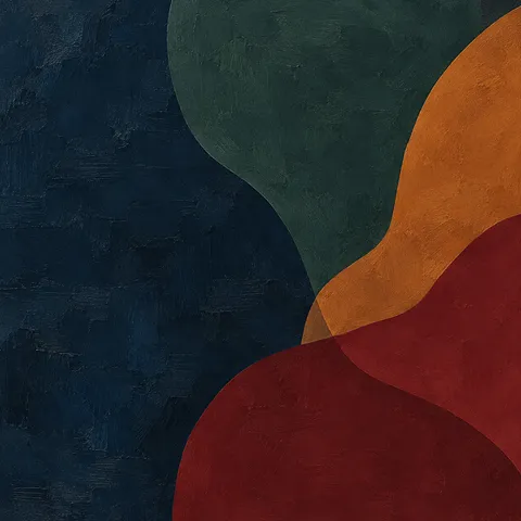 A cluster of pebble shapes gathered in one corner in black, burgundy, forest green, rust; square artwork.