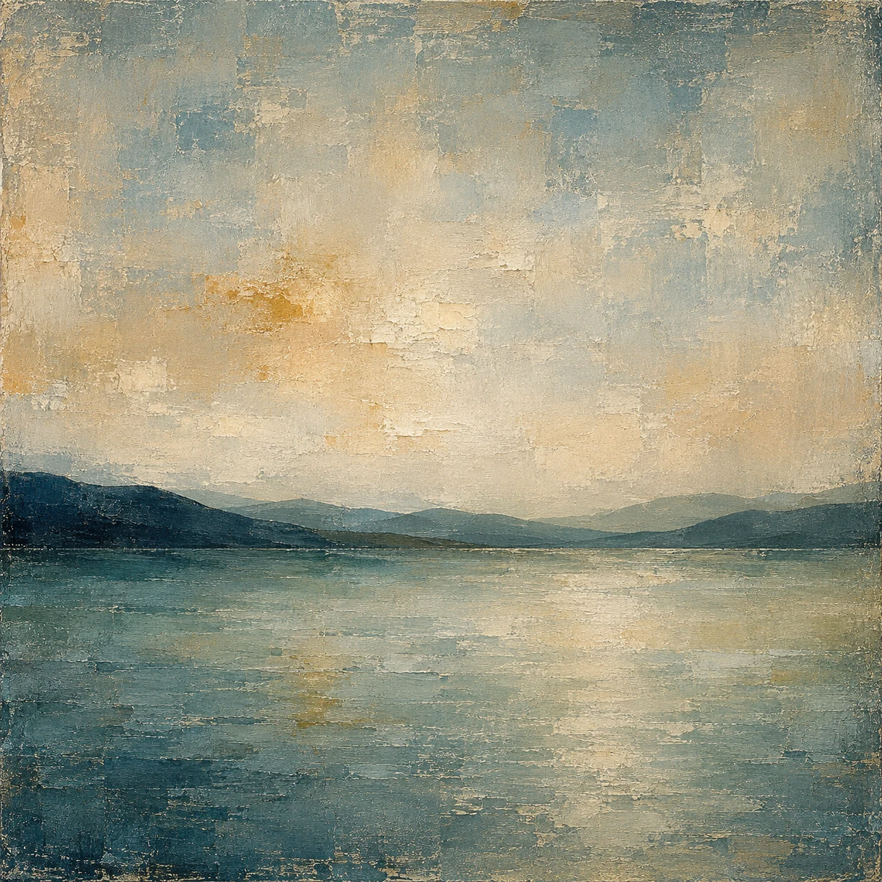Layered hills reduced to flat curves in stone, gray, sand, sage; square artwork.