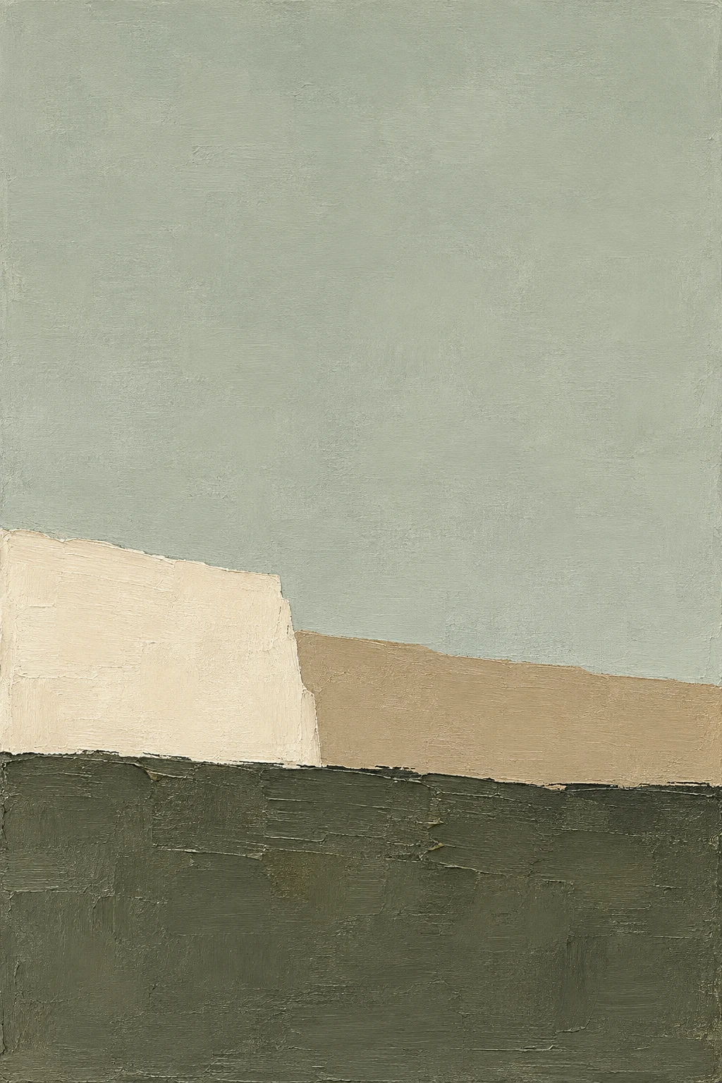 One heavy impasto band across the lower third in stone, olive, brown; portrait artwork.