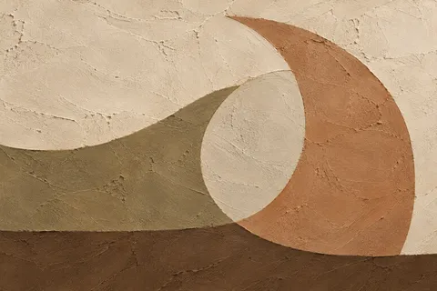 Two interlocking crescents in stone, ochre, brown, taupe; landscape artwork.