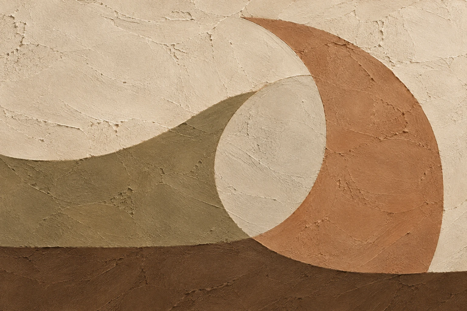 Two interlocking crescents in stone, ochre, brown, taupe; landscape artwork.
